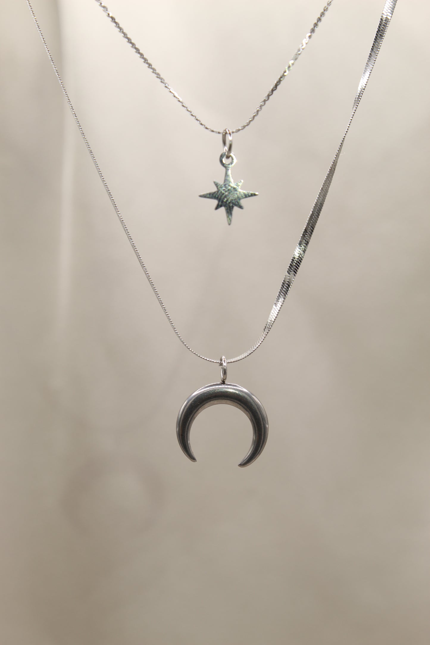Silver double chain moon & star necklace