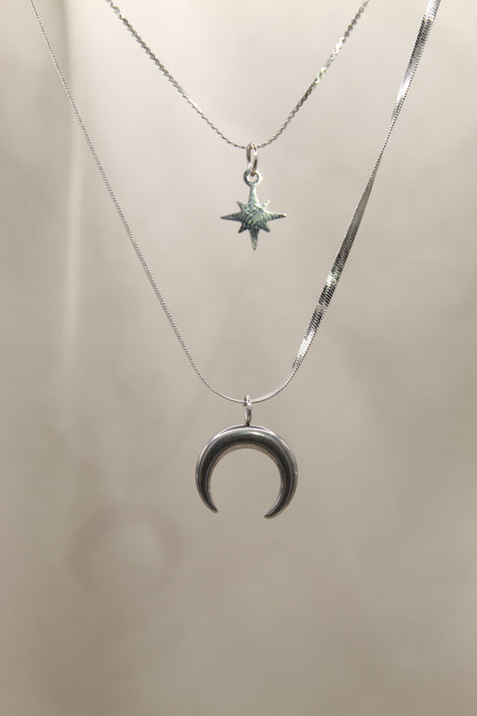 Silver double chain moon & star necklace