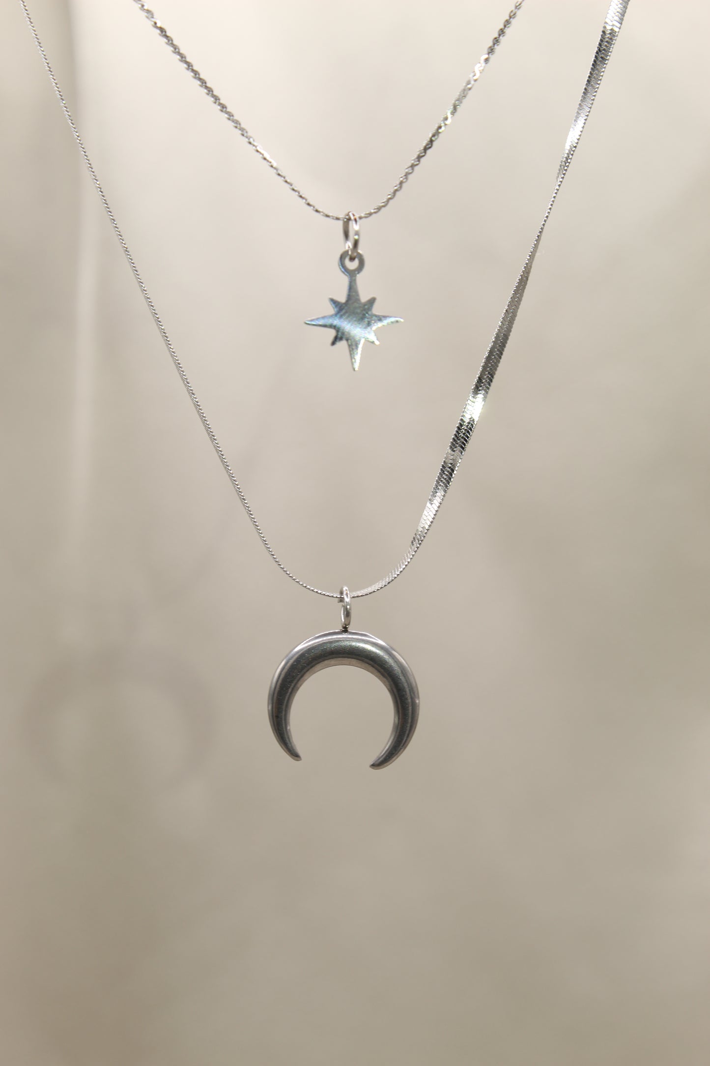 Silver double chain moon & star necklace