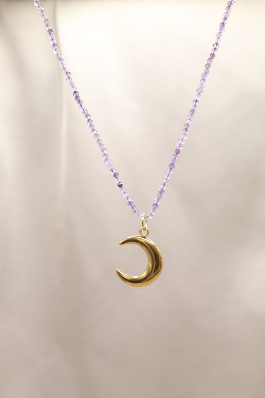 Amethyst beaded necklace with gold crescent moon pendant
