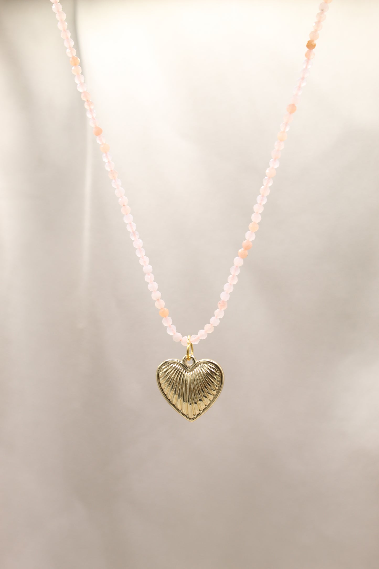 Pink opal Beaded necklace with gold heart pendant