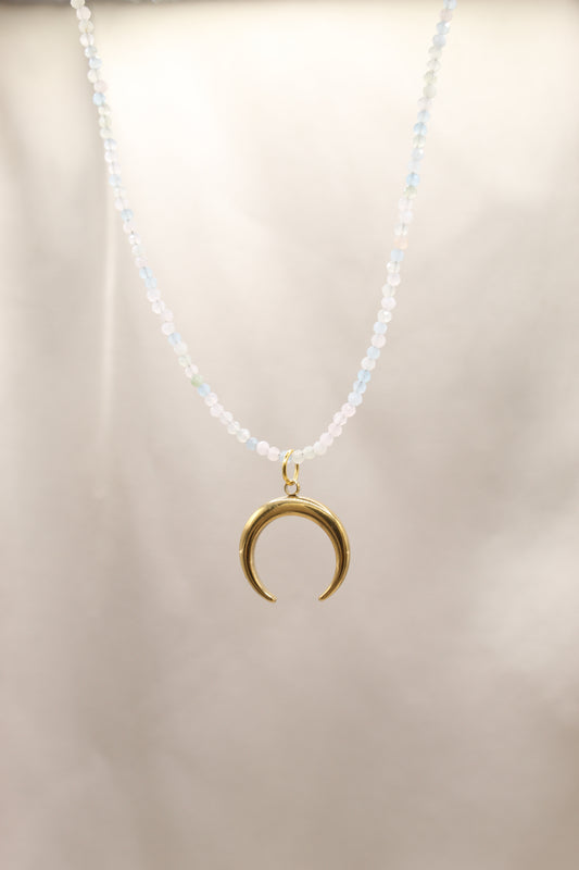 Soft blue morganite beaded necklace with crescent moon pendant