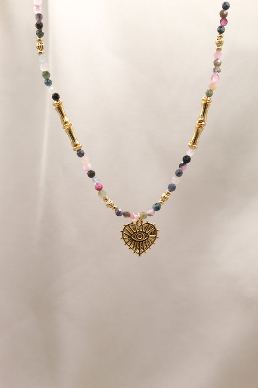 Tourmaline beaded necklace with gold eye heart pendant