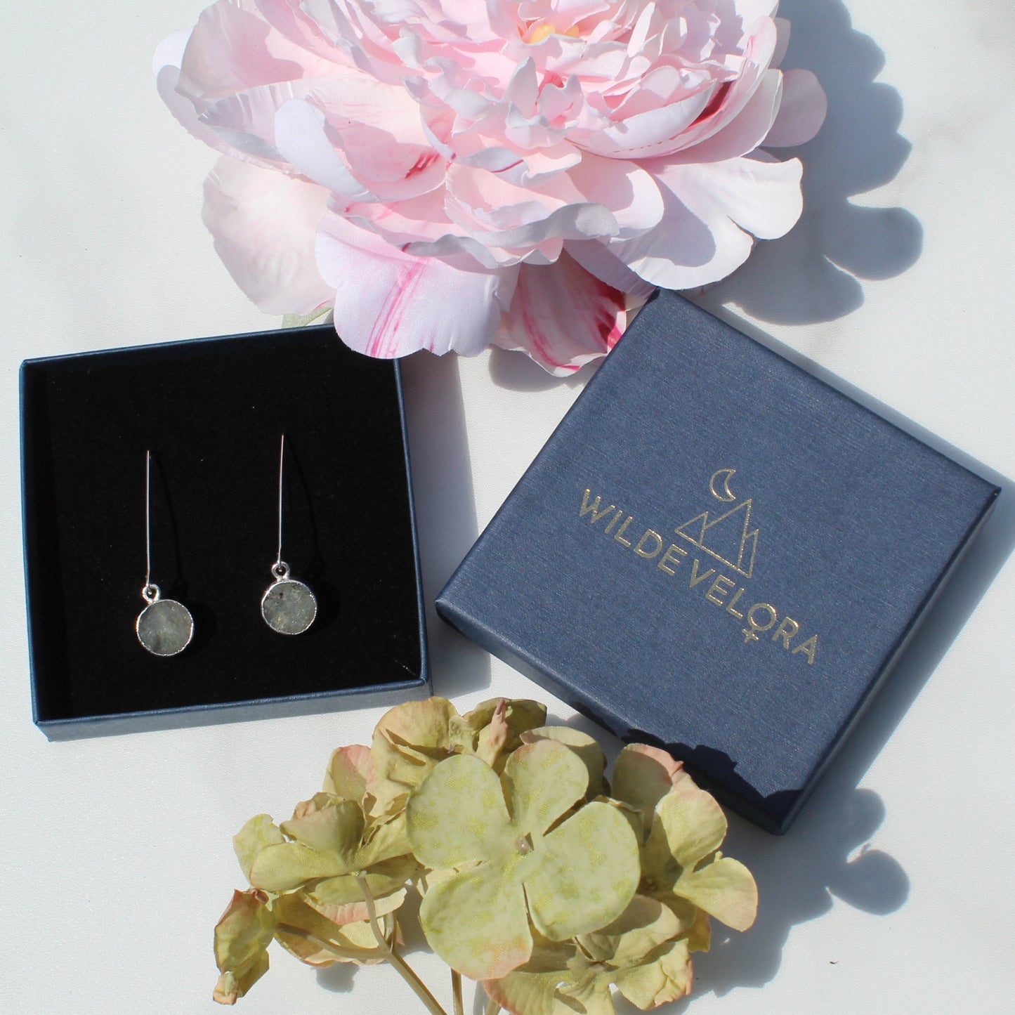 silver labradorite circle drop earrings
