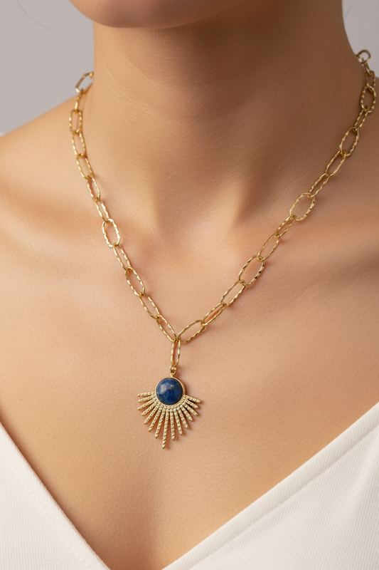 Wisdon & Intuition | Lapis Lazuli chunky chain Fan pendant necklace