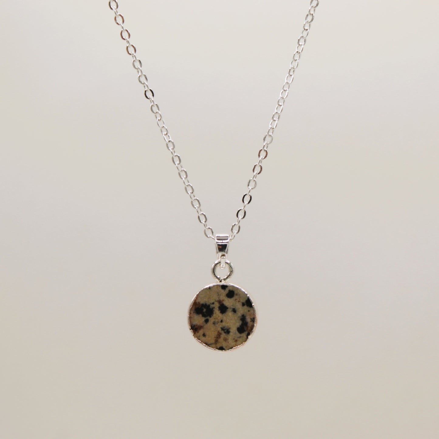 silver dalmatian jasper circle stone pendant necklace