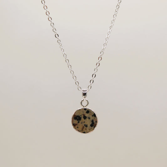 silver dalmatian jasper circle stone pendant necklace