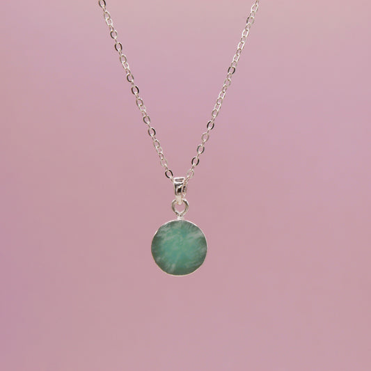 Silver green jade circle stone pendant necklace