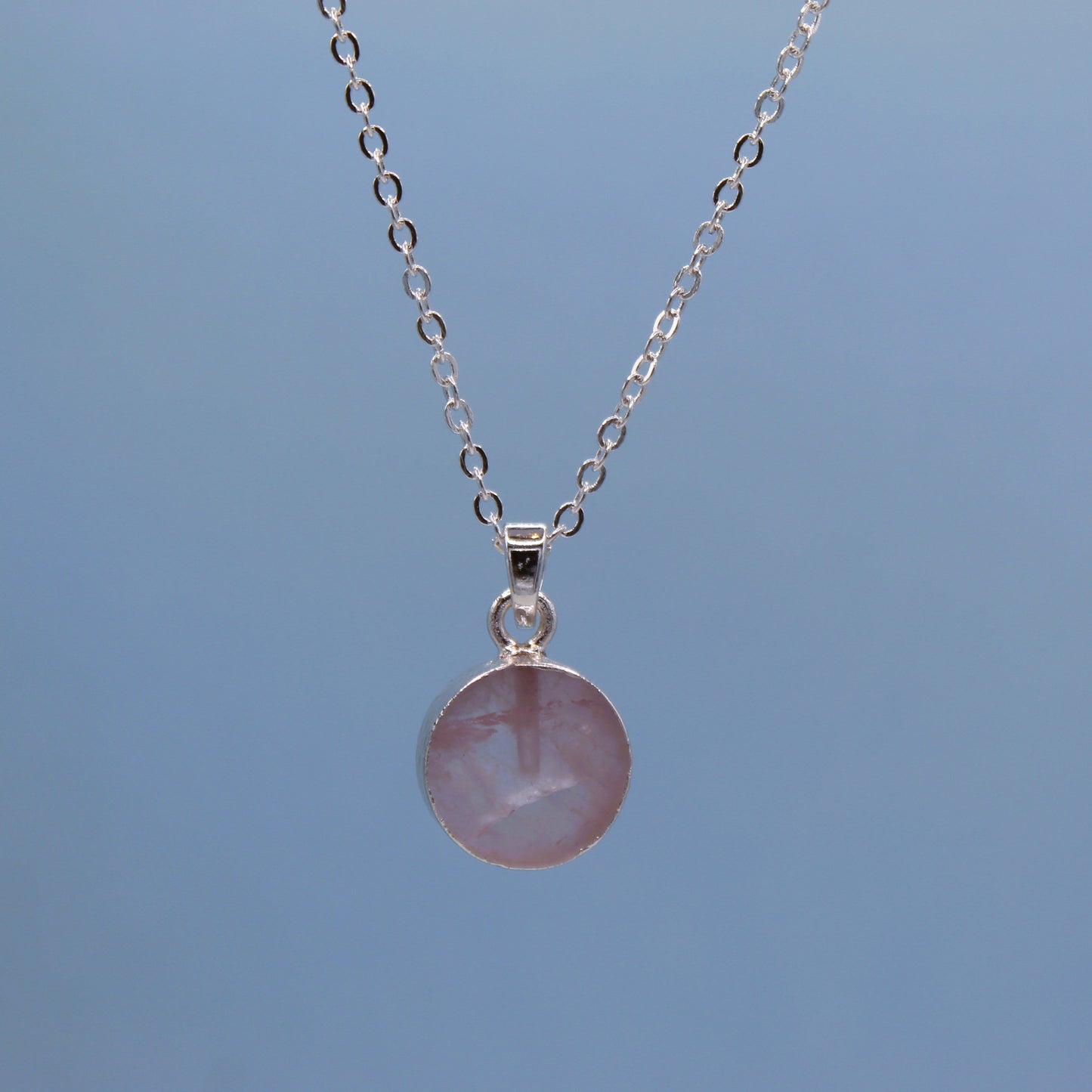 silver rose quartz circle stone pendant necklace