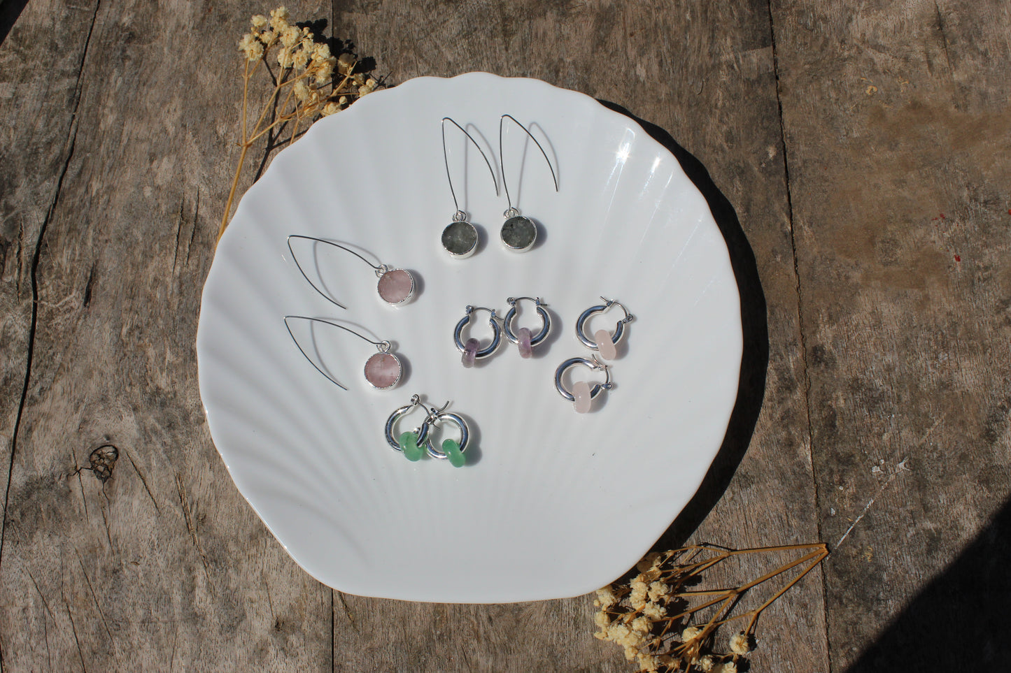 silver labradorite circle drop earrings