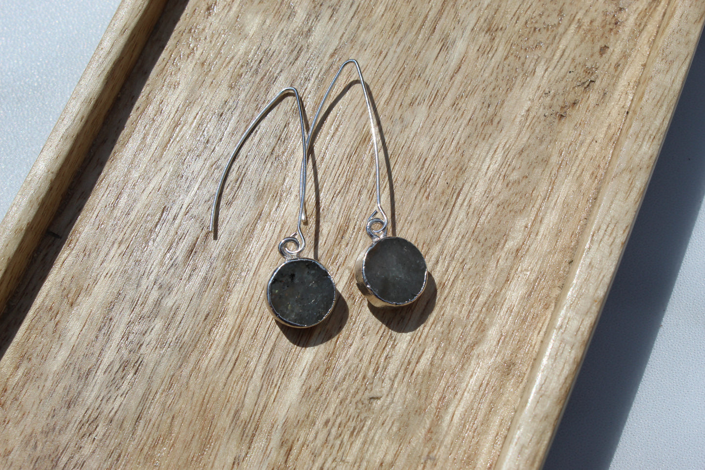 silver labradorite circle drop earrings