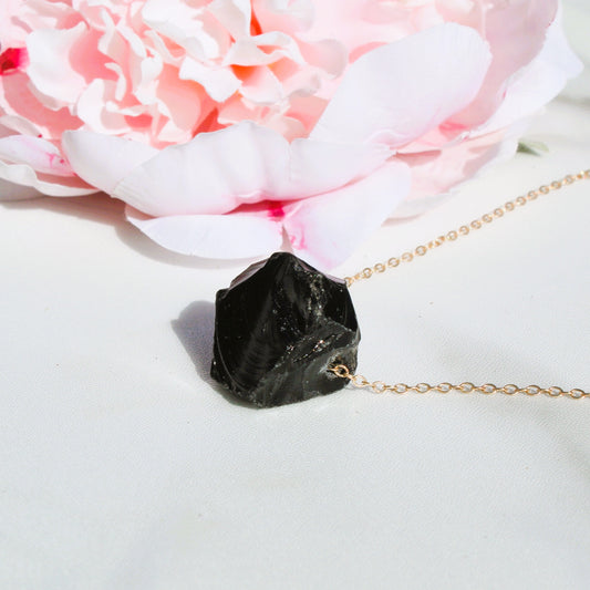 Obsidian Raw Crystal 14K Gold Plated Pendant Necklace