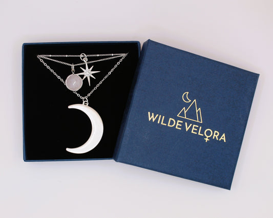 moon & star silver necklace with rose quartz