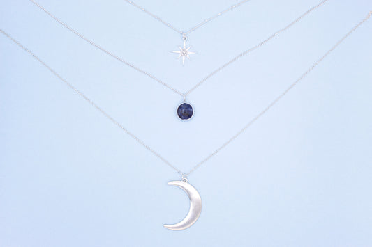 silver moon and star necklace with sodalite