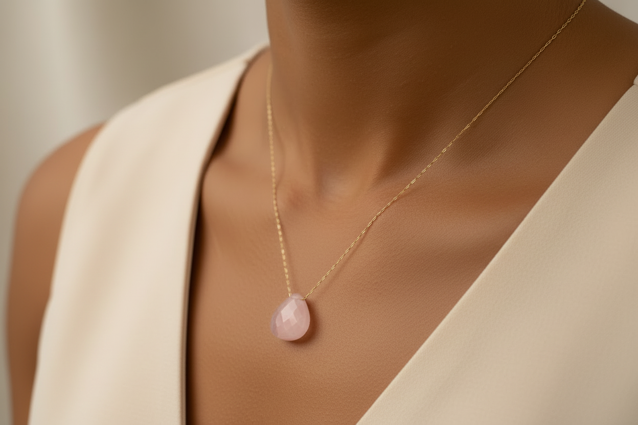 Love & emotional healing | Rose Quartz Droplet Crystal 14K Gold Plated Necklace