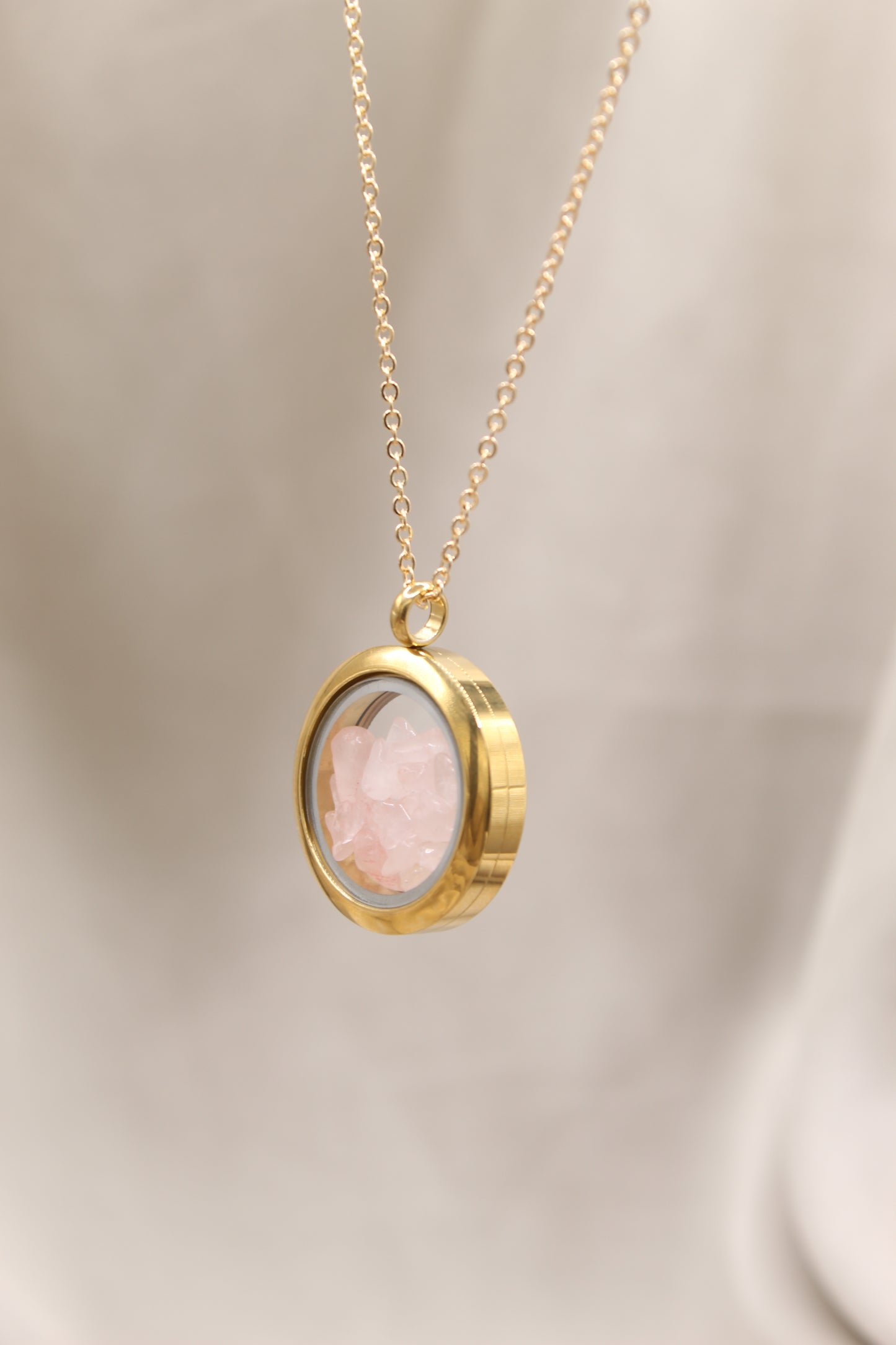 Rose quartz gold locket necklace