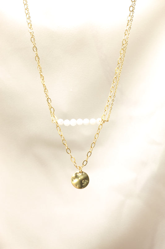 Intuition & New Beginnings| white moonstone  double chain necklace with coin pendant