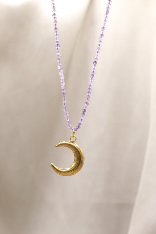 Amethyst beaded necklace with gold crescent moon pendant