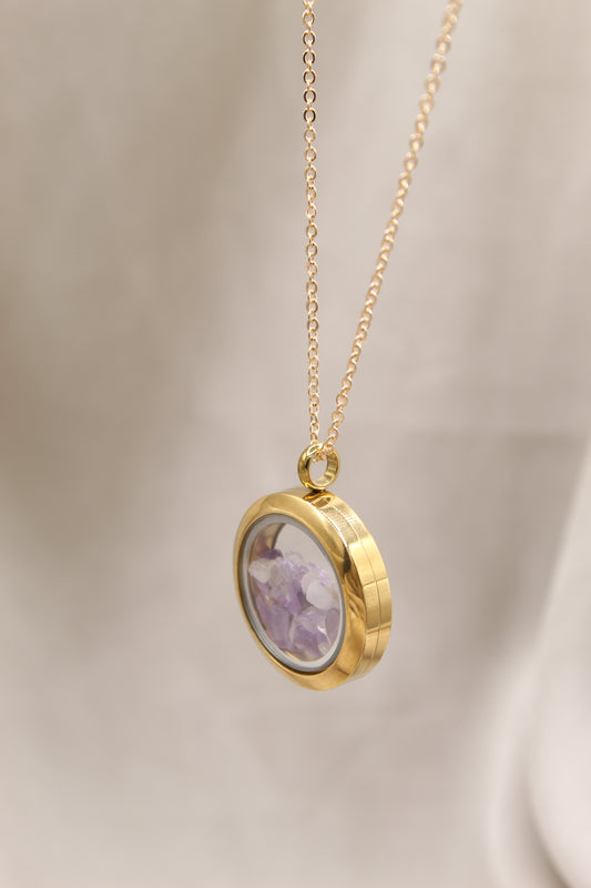 Amethyst gold locket necklace