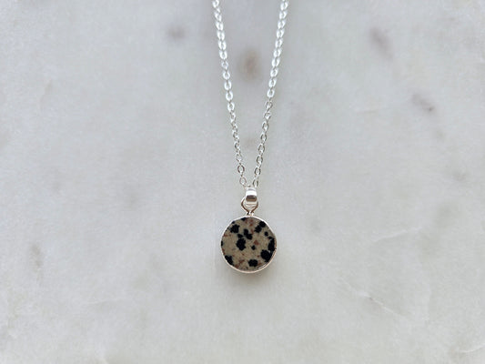 silver dalmatian jasper circle stone pendant necklace