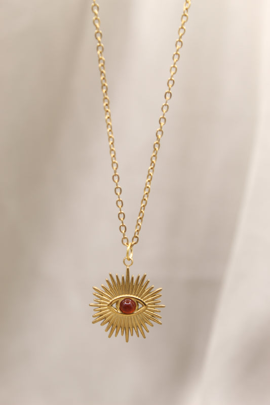 Red Agate 14k gold Evil eye pendant necklace