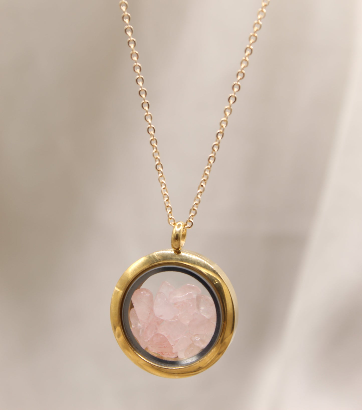 Rose quartz gold locket necklace