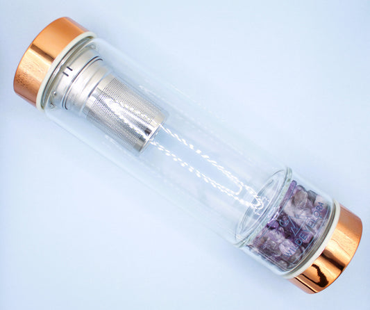 Crystal Glass Tea Infuser Bottle - Rose Gold & Amethyst